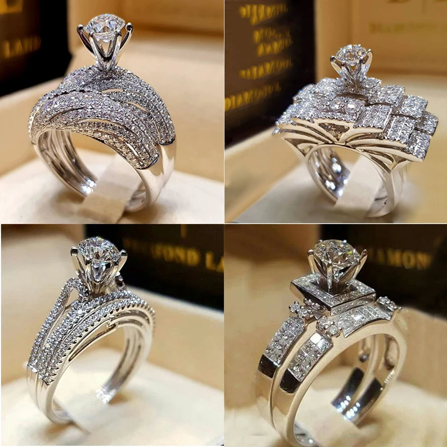 Boho Female Crystal White Round Ring Set Brand Luxury Promise Silver Engagement Ring Vintage Bridal Wedding Rings For Women