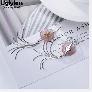 

Uglyless Natural Strawberry Quartz Pink Plum Flower Earrings for Women Real Solid 925 Silver Chains Tassel Earrings Fine Jewelry
