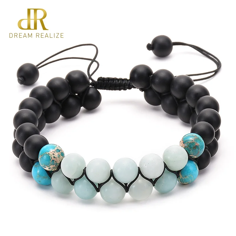 

DR Black Matte Amazon Stone Beads Bracelet Adjustable Double Layer Bracelets for Men Braided Rope Natural Stone Couples Bracelet