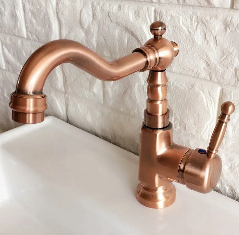 Antique Red Copper Brass Bathroom Kitchen Basin Sink Faucet Mixer Tap Swivel Spout Single Handle One Hole Deck Mounted mnf395