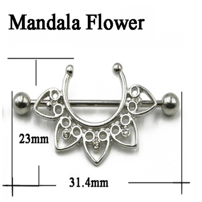 1pcs Hot sale  Surgical Steel Lace Lotus Lotus Mandala Flower Nipple Barbell Rings Nipple Shield for Wholesale
