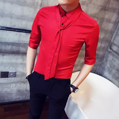 

2019 hotel wind summer men's sleeve shirt nightclub Japanese casual dinner five-point sleeve solid color shirt