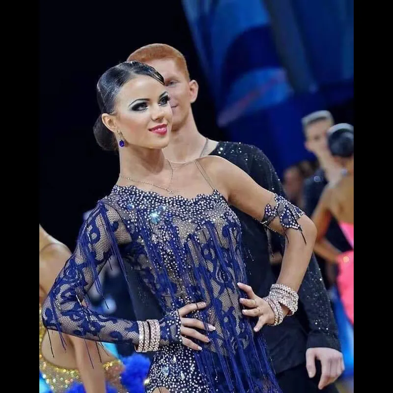

Sexy Lace Women Latin Dance Competition Dress with Tassels bodysuit Mesh Lycra Salsa Samba Rumba Stage Dance Wear Latin Dress