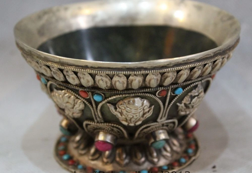 

Tibet Buddhism Temple Silver jade Gem Eight Treasures Auspicious lucky Bowl