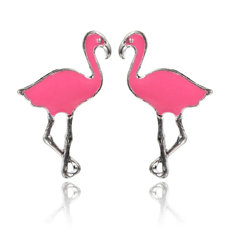 

1Pair Fashion Korean Charm Stud Earing Vintage Silver Color Lighting Earstud Pink Flamingos Earrings Women Jewelry Brincos