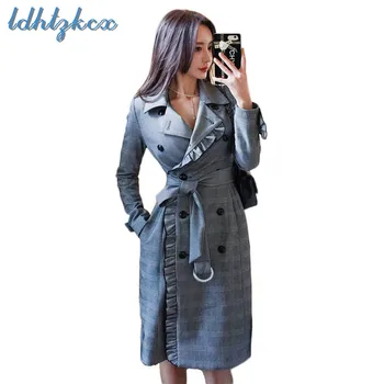 

LDHTZKCX Office Lady Striped Large Size Trench 2018 Autumn-winter Bow Belt Pockets Slim Waist-controlled Show Thin Trench LD570