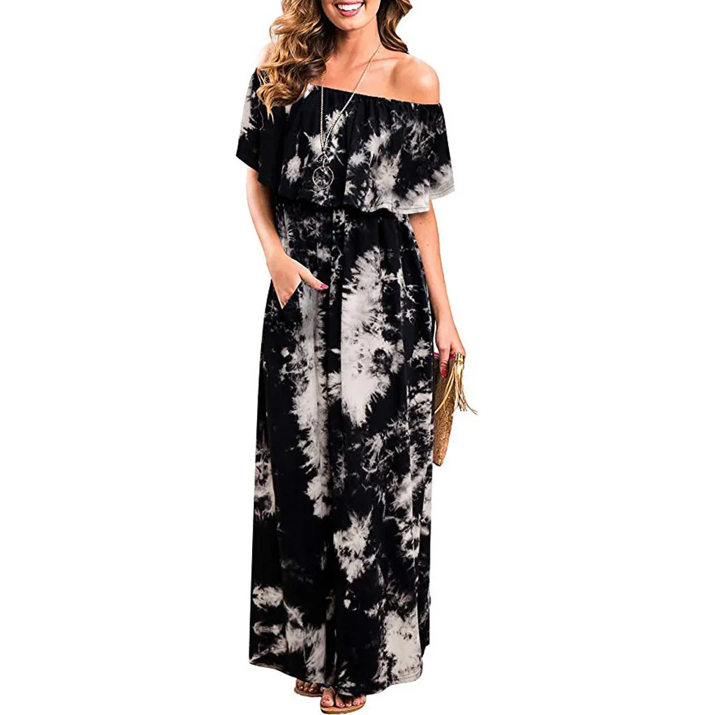 

Women's summer casual Sxy cold holiday off-the-shoulder word collar ruffled tie dyed split long dress casual summer L0313