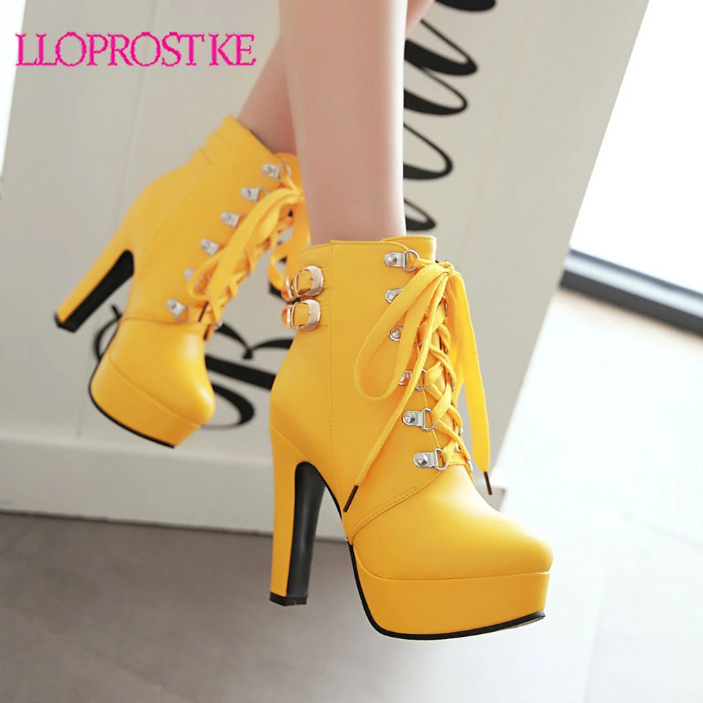 Lloprost ke Botines de tacón alto cuadrado con plataforma para mujer, zapatos de punta redonda con a la moda, color negro, amarillo y blanco, invierno, H449|Botas hasta tobillo| - AliExpress