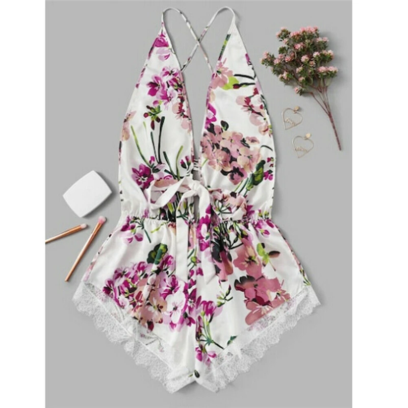 

Summer Women Flower Printer Deep V Ladies Rompertjes Body Suit Night Clothing Lady Bodysuit Strike Night Clothing Jumpsuit