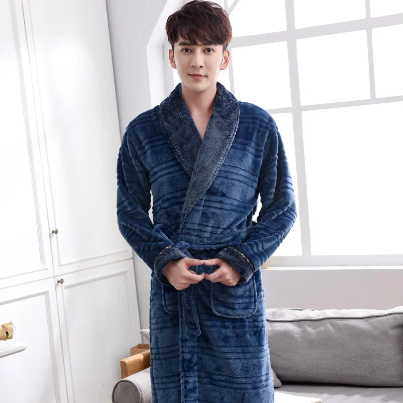 Fashion Men Solid Color Fleece Robe Winter Warm Waistband Male Shawl