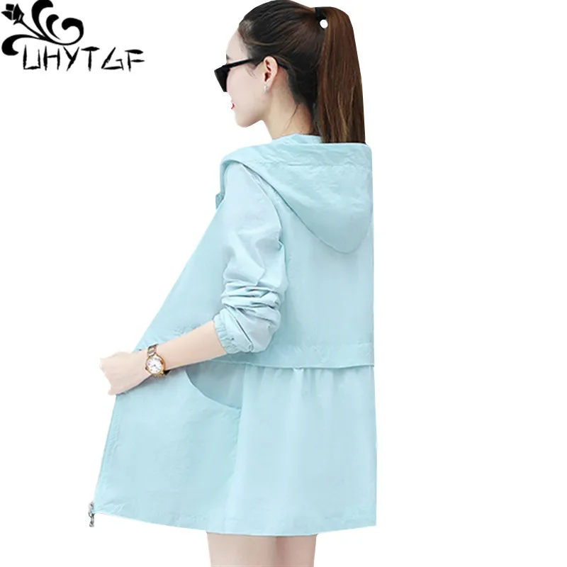 

UHYTGF Fashion womens jacket outdoor breathable summer tops Sun protection clothing Hooded thin coat Loose plus size jacket 188