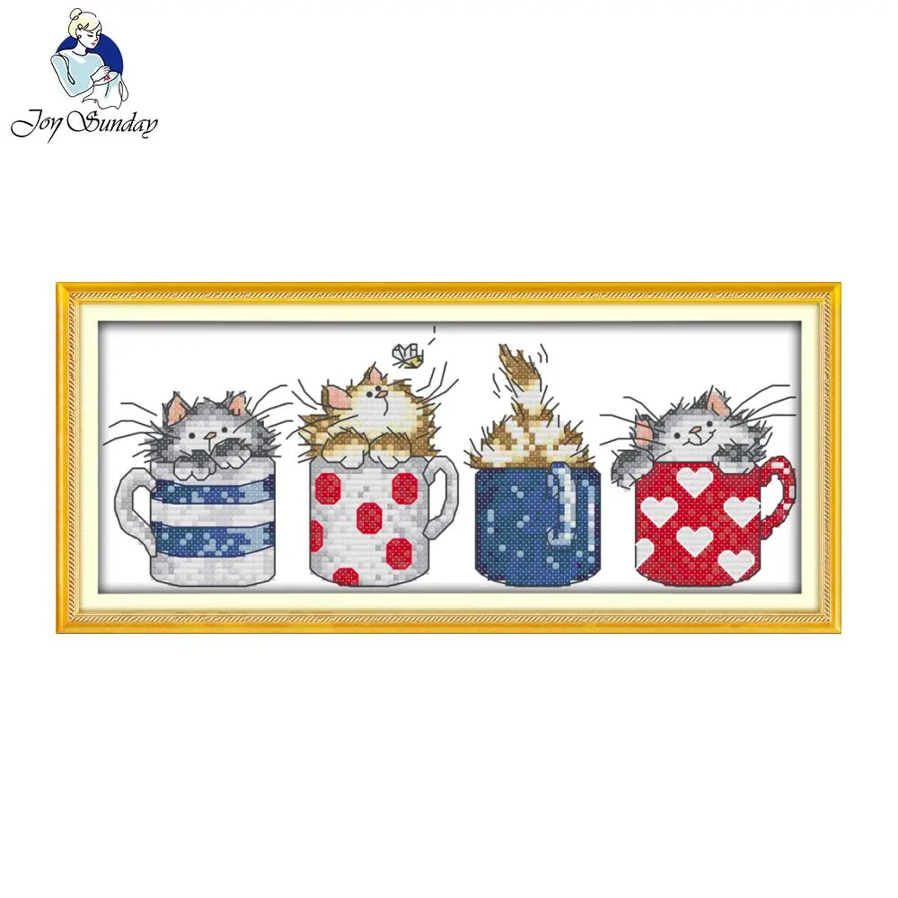 

Joy sunday cartoon style Cats hide in the cups Crafts DIY dmc fabric cross stitch embroidery patterns for children
