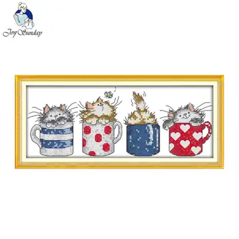 

Joy sunday cartoon style Cats hide in the cups Crafts DIY dmc fabric cross stitch embroidery patterns for children