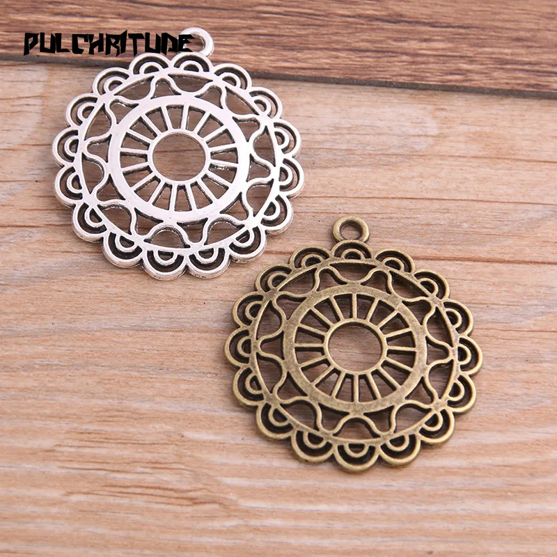 

PULCHRITUDE 4PCS 38*42mm New Product Two Color Big Openwork Round Pattern Charms Pendant Jewelry Metal Alloy Jewelry Marking