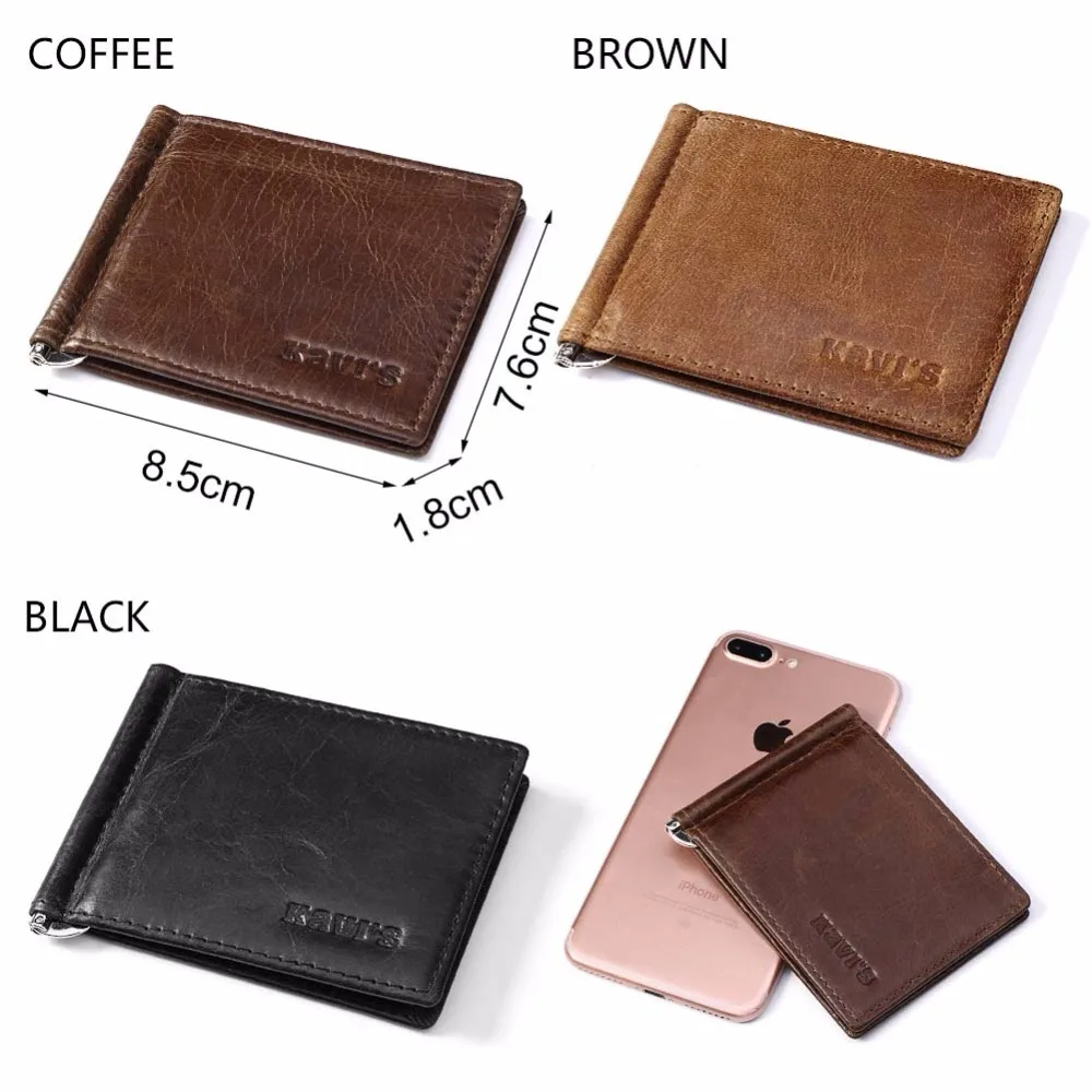 Цена KAVIS тонкий из натуральной коровьей кожи зажим для денег бренд для мужчин и женщин двойной мужской банк кошелек доллар цена зажим для денег к...