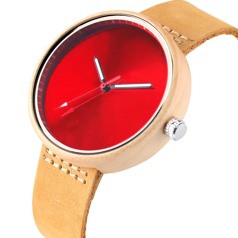 

Women Wrist Watch Black/Blue/Red Colorful Dial Maple Wood Case Ladies Watches Simple Casual Leather Band 2018 New Fashion Clock