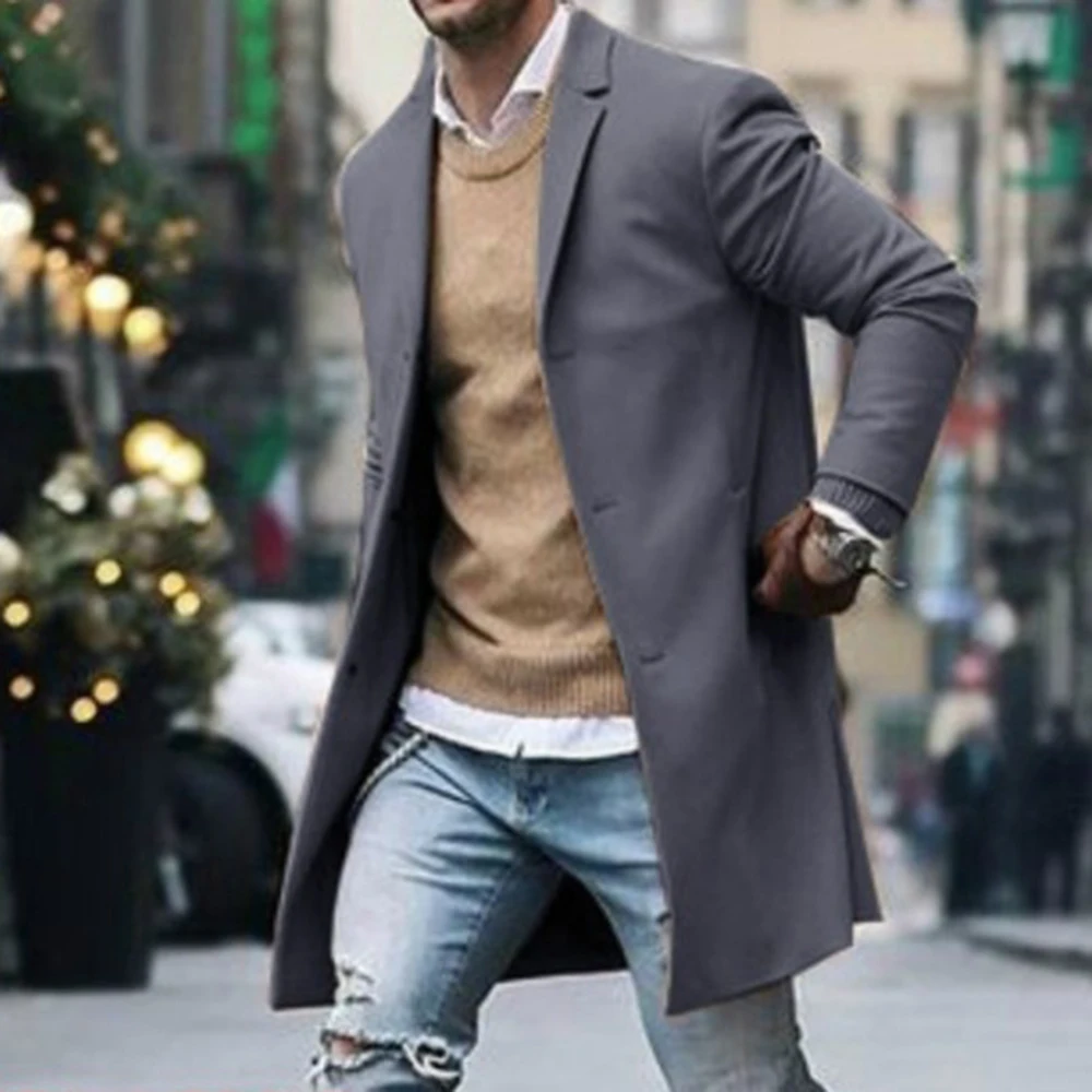 Solid Business Casual Woolen Trench Coats Male Medium Slim Collar Leisure Button Jackets Autumn Winter Fashion Tops Streetwear