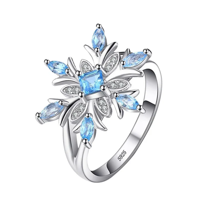 

Euramerican Fashion Blue Zircon Flower Rings for Women Elegant Chic Snowflake Rings with Stone Christmas Jewelry Gifts