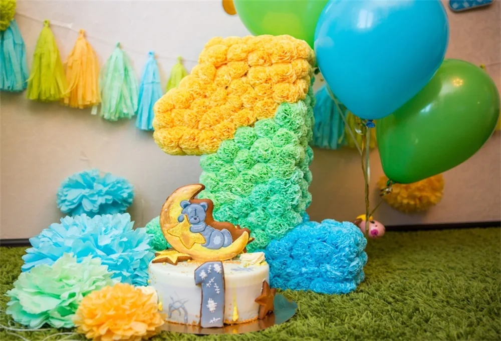 

Laeacco Balloons Colorful Blossom Flower Baby 1 Birthday Party Blanket Photo Backgrounds Photographic Backdrops For Photo Studio