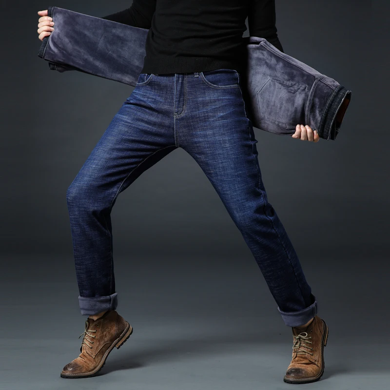 Новинка, зимние мужские теплые черные джинсы, эластичные облегающие утолщенные джинсовые штаны, повседневные мужские синие Большие размеры 38, 40, 42, 44, 46