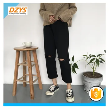 

DZYS-ZF Spring Women Loose Wild High-waist Hole White Wide leg pants Straight Eight-point pants