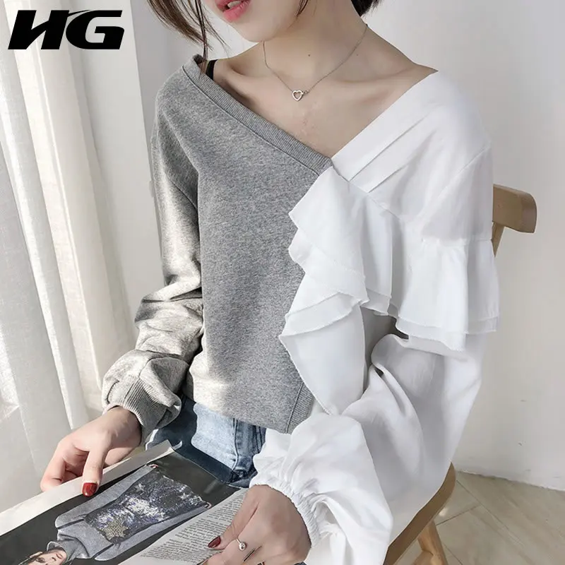 

HG Irregular Splice Hit Color Sweatshirt Ruffle Women Clothes 2019 False Two Pieces Full Sleeve Open Back Casual Loose WLD1994