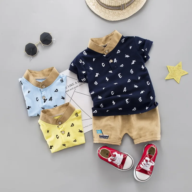 

Fashion Summer Baby Boys 2-Pieces Clothing Sets Cotton Short-Sleeved Letter Print V-Neck T-Shirt + Khaki Shorts For 70-110cm