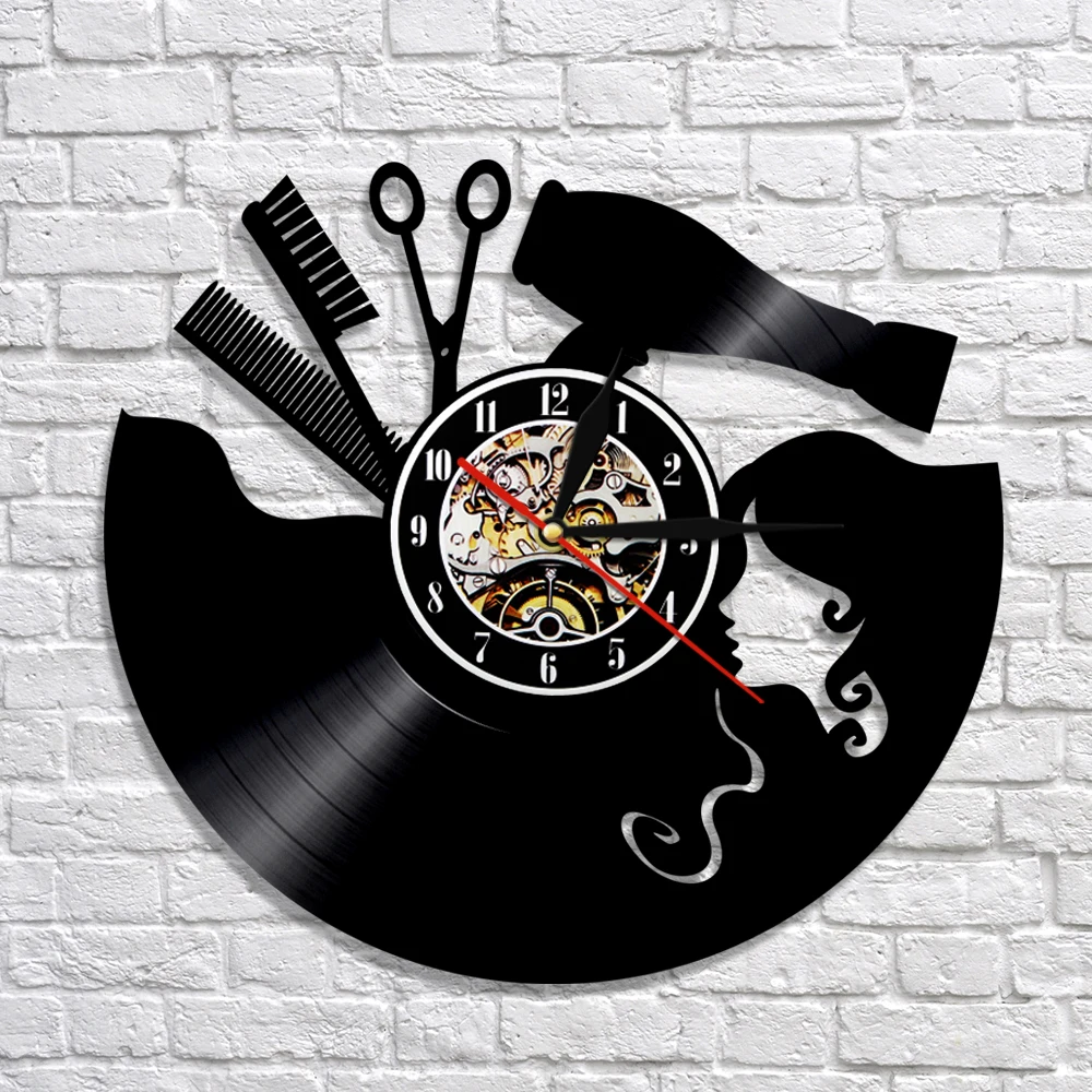 

Barber Shop Wall Clock Modern Design Vinyl Record Clocks LED Lighting Wall Watch 3D Decorative Hanging Art Home Decor Silent