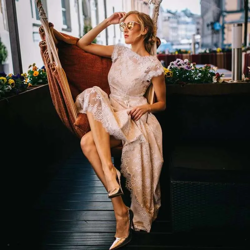 

robe de mariee Vintage champagne Boho Wedding Dress 2020 Beach Lace Vestido De Noiva Backless Short Sleeve Wedding Gowns