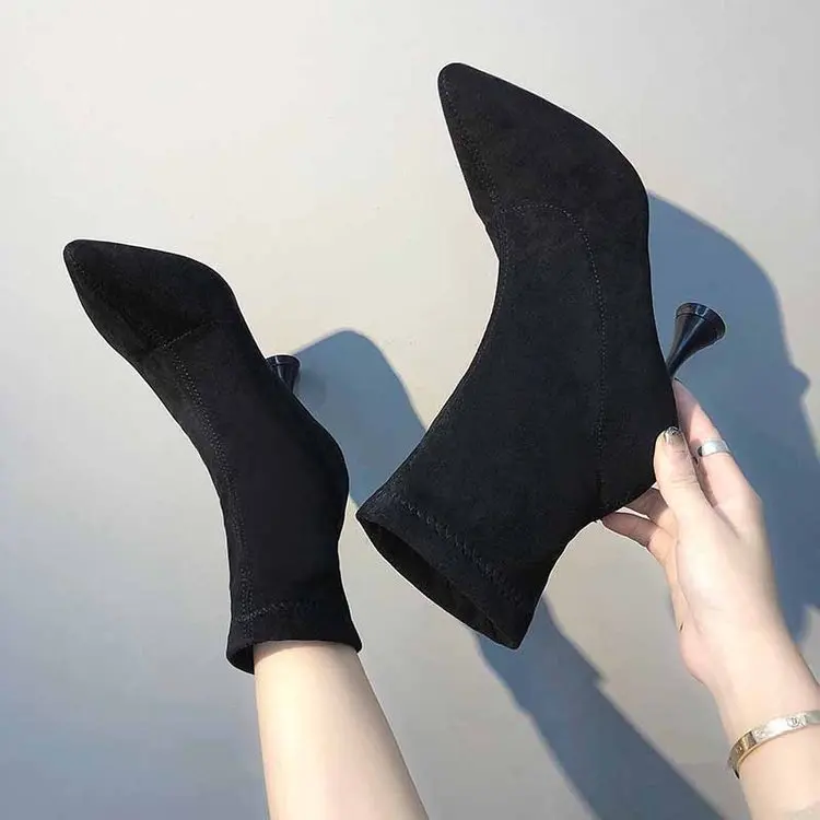 

Sexy Women Sock Boots Stretch Fabric 7.5CM High Heels Pointed Toe Mid Calf Boots Women Pumps Stiletto Ladies Shoes