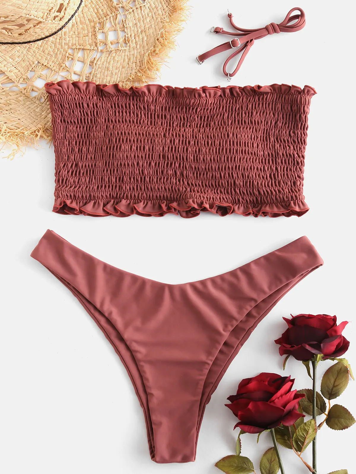 ZAFUL, сексуальный купальник, пляжный костюм, с оборками, со сборками, бандо, комплект бикини, купальный костюм, без бретелек, мягкий женский купальник, пляжная одежда - Цвет: Rosy Finch