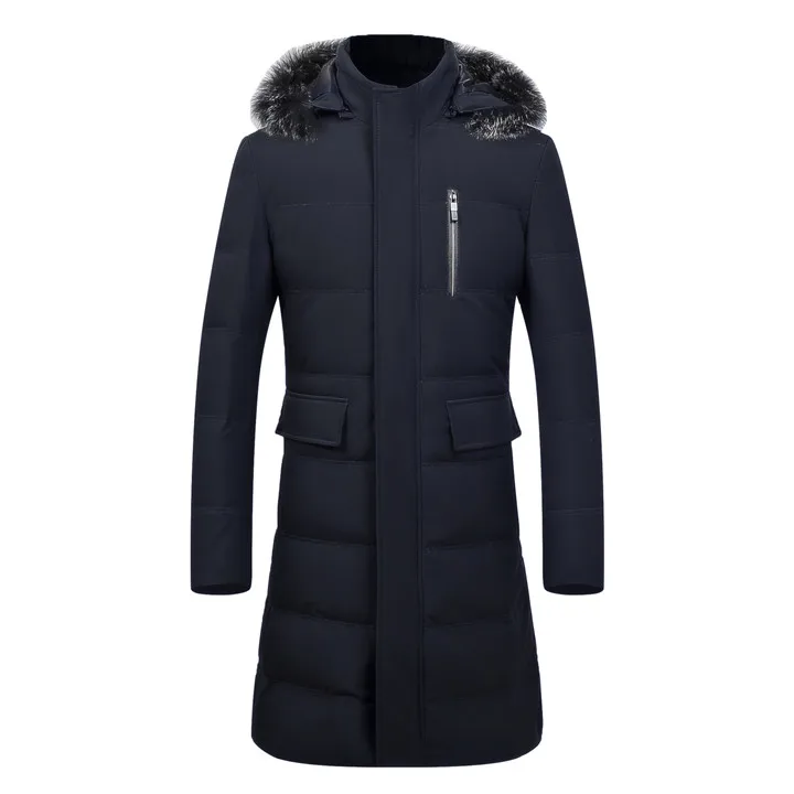 Новинка, зимняя мужская куртка, длинная, выше колена, с капюшоном, воротник из лисьего меха, пальто, теплая, с капюшоном, парка, куртка, съемный воротник, холодное пальто - Цвет: Navy blue
