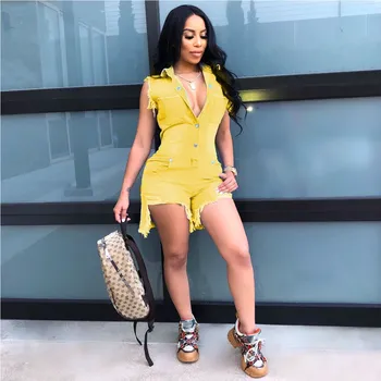 

Irregular Ripped Jean Playsuit Women overalls Button Pocket Short Denim Jumpsuit Sleeveless sexy bodycon Jumpsuit