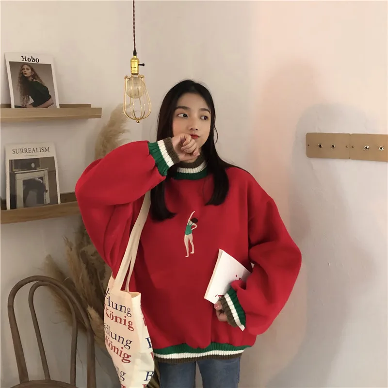 Mr.nut autumn and winter new Korean version of the color matching embroidery small thick loose hooded hoodie women Mr.nut autumn and winter new Korean version of the color matching embroidery small thick loose hooded hoodie women