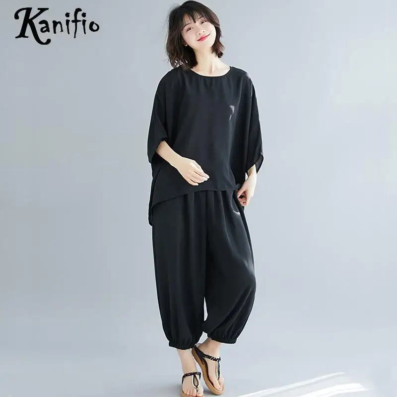 

Kanifio Oversized Plus Size Women Clothing Summer 2019 Black Shirt Pant Sets Ladies Two Pieces Suits Female Top Trousers 5XL 4XL