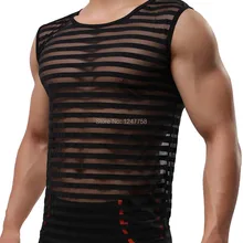 Мужское сексуальное нижнее белье в полоску, прозрачная одежда для геев, сетчатые рубашки, Мужская одежда, майки, Майки