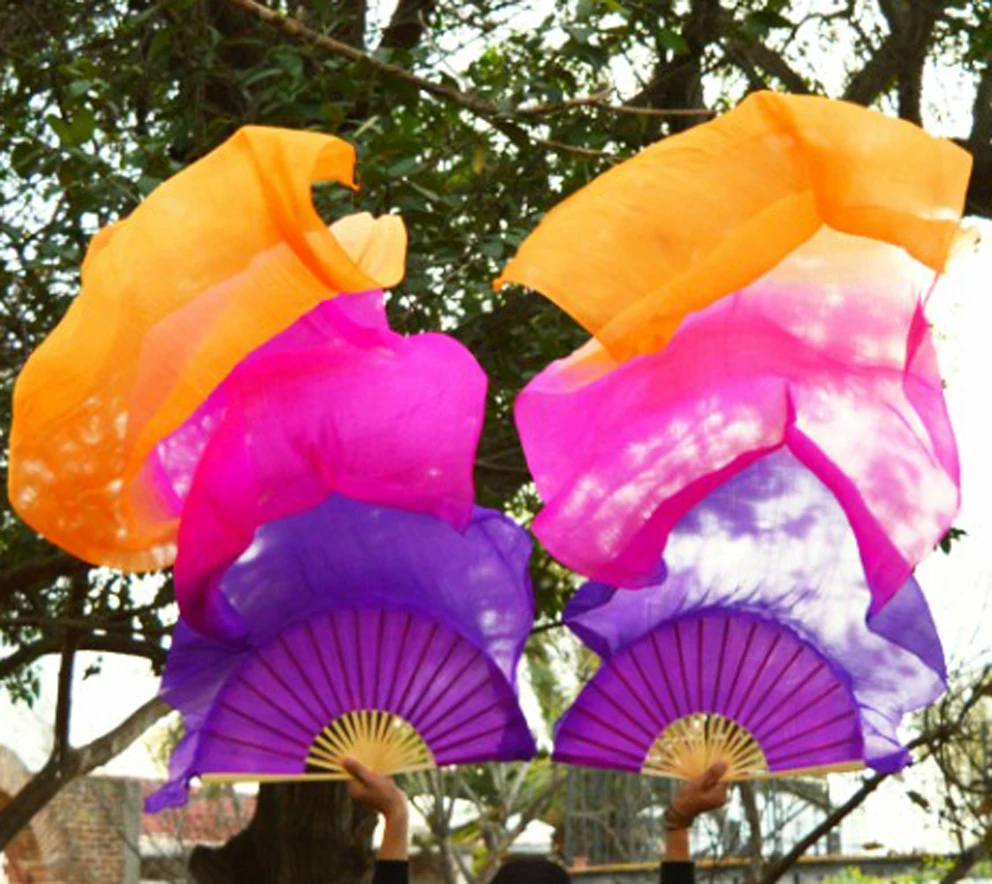 2016 Alta venta 100% Velos de Seda Real 1 Par hecho a mano de las mujeres calidad de danza del vientre danza de los abanicos de seda púrpura rose orange 180*90 cm