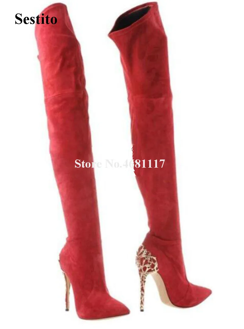 

Women Brand Design Pointed Toe Suede Leather Over Knee Metal Caged Heel Boots Slim Style Long High Heel Boots Dress Shoes