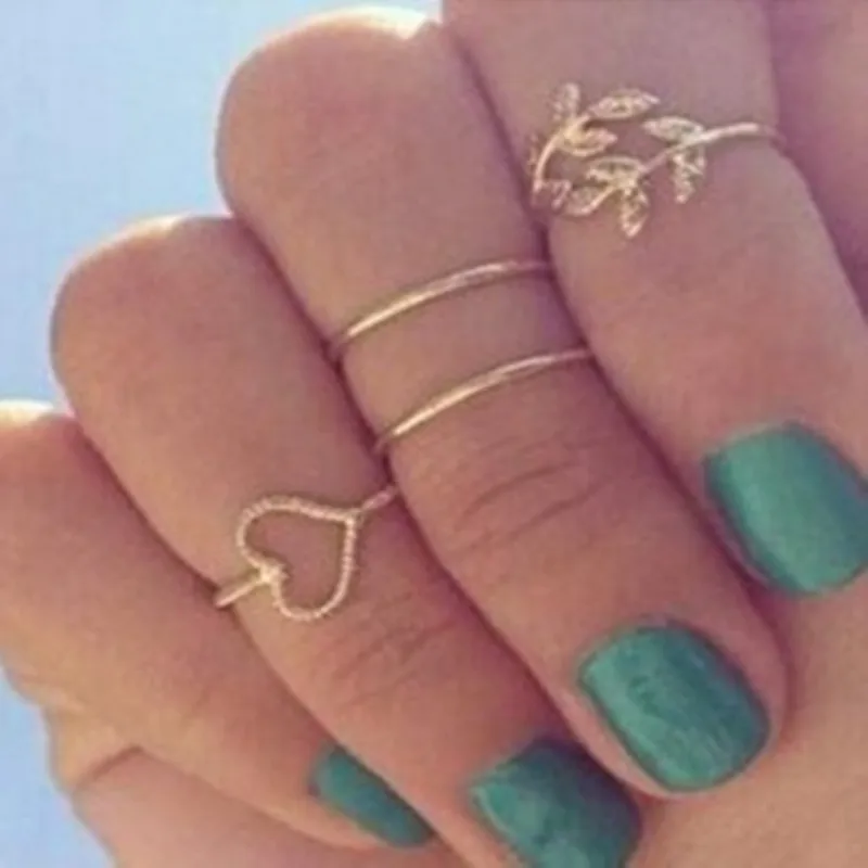 

4Pcs Simple Design Vogue Sweetheart Tree Leaf Leaves Nail Band Mid-Finger Knuckle Ring Set For Women