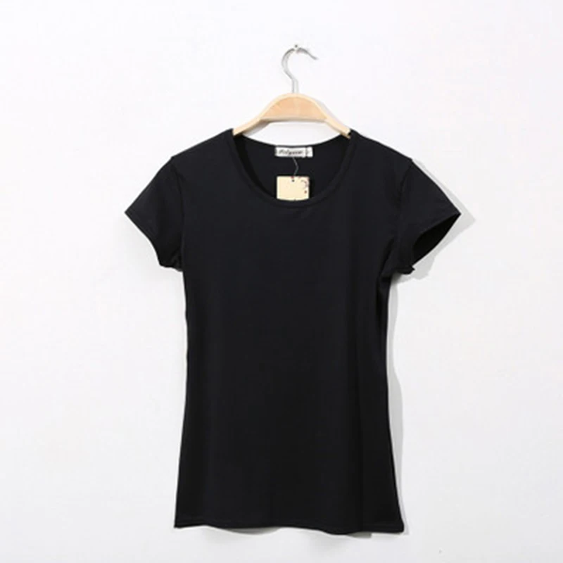 Летняя Базовая футболка, Женская Однотонная футболка с коротким рукавом и круглым вырезом, Повседневная тонкая футболка, Camiseta Feminina, черная, белая - Цвет: Black