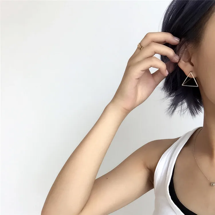 Minimalist Women Girl Fashion Jewelry Geometric 3D Hollow Triangle Stud Earrings 