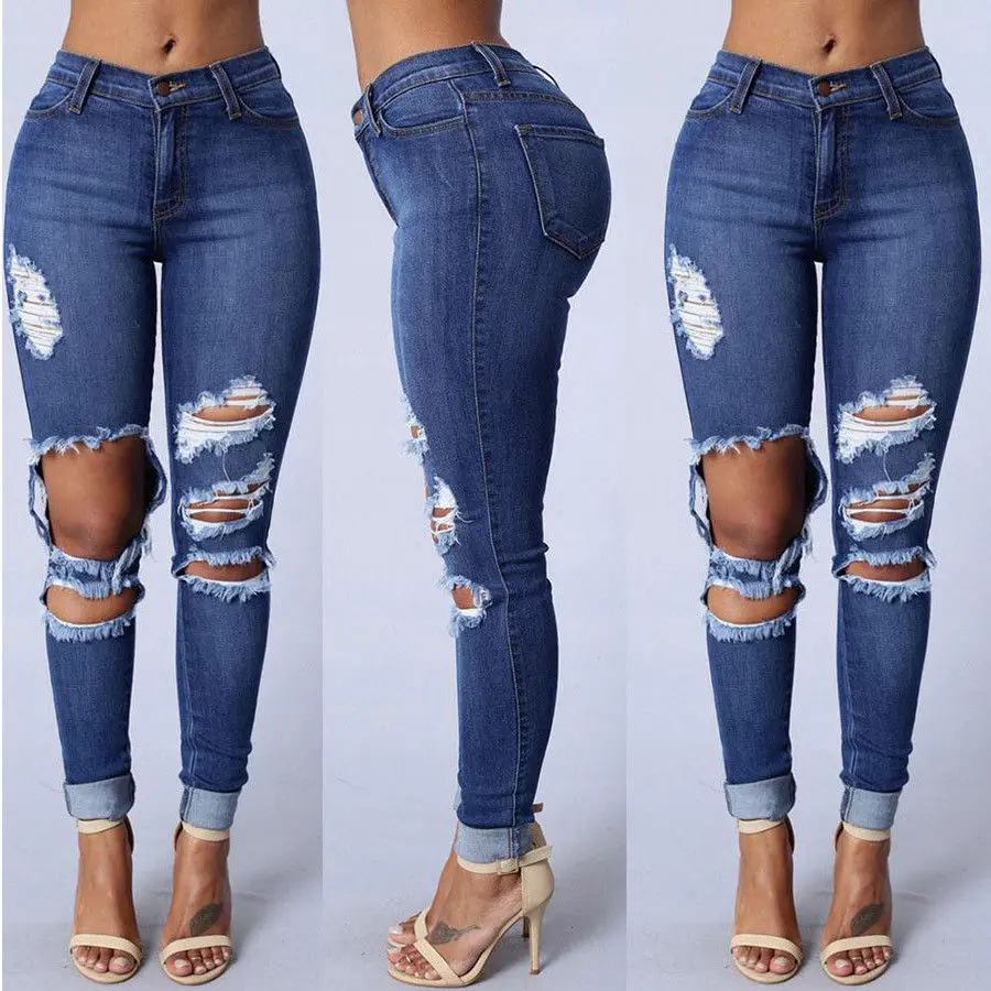New Fashion Women High Waist Hole Denim Pants Skinny Ripped Pants Stretch Jeans Long Pencil Trouser Womens Long Skinny Pants