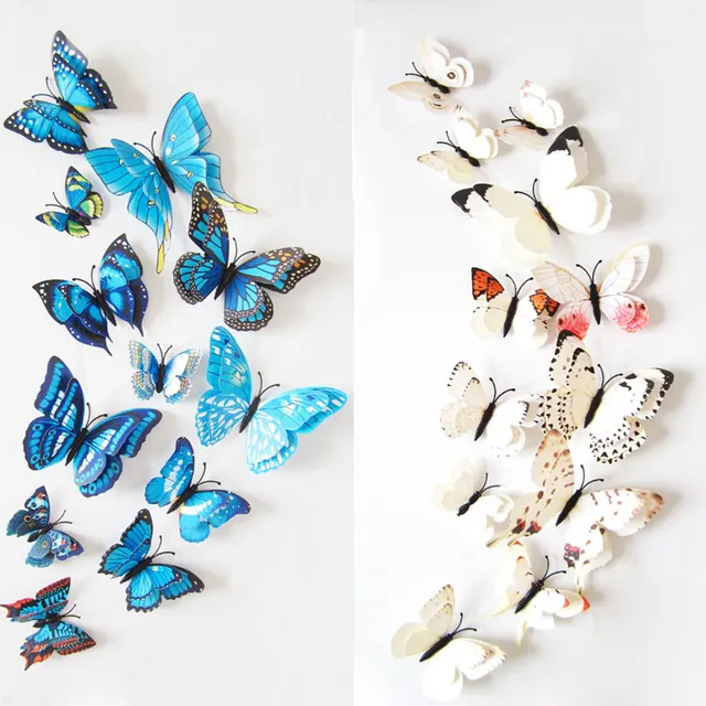12pcs Wall Stickers Set 3D Butterfly Colorful Double Layers Wall Stickers on the Wall for Party Decoration Waterproof Material