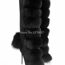 Очаровательные женские сапоги до колена на высоком каблуке-шпильке, украшенные мехом норки, высокого качества зимние сапоги на высоком каблуке, на молнии, с меховым помпоном