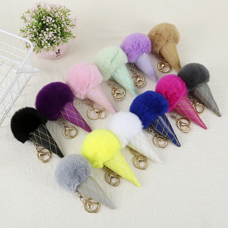 

Fashion Leather PU Plush Ice Cream Shape Keychain Rex Rabbit Fur Pom Pom Key Chain Couple Key Holder Auto Metal Keyring Pendant