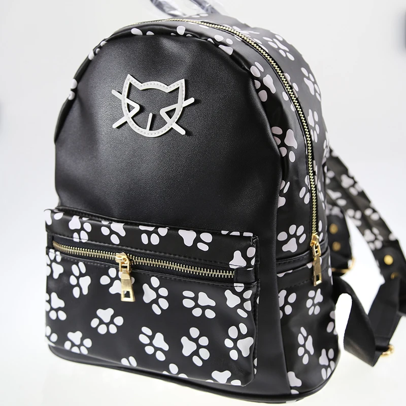 New Kitten Printing Kawaii Backpack Women College Wind Shoulder Bag Casual Bags Female Cat Pu Leather