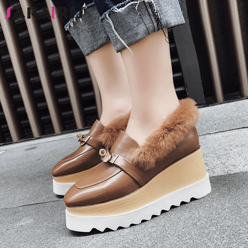

SARAIRIS New Autumn Winter Big Size 33-42 Genuine Cow Leather Women Flats Fur Decoraton Slip On Flat Platform Shoes Woman
