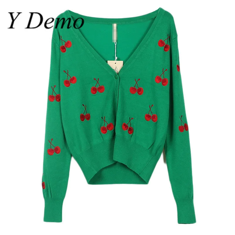 

2018 New Korean V Neck Cherry Embroidery Long Sleeve Knitting Women Cardigans