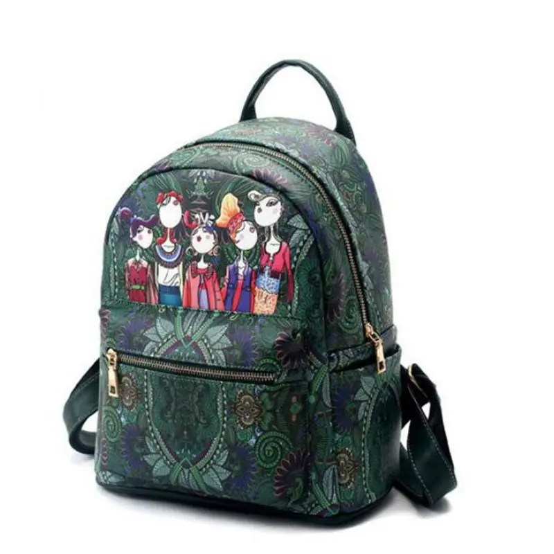 Женская мода, элегантный дизайн, зеленый лес, мультяшный принт, Женская Студенческая сумка на плечо, кожаные рюкзаки, дизайнерские, QT45