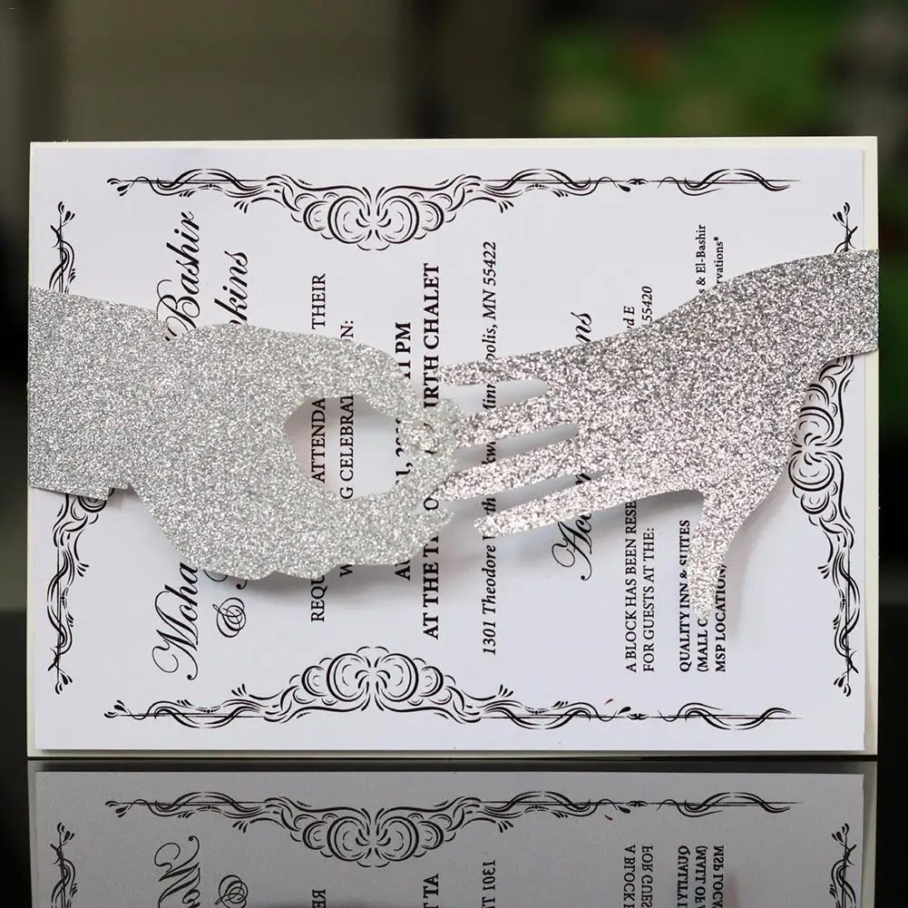  10pcs Wedding Invitations Wholesale Glitter Hand In Hand Design Laser Cut Cards Custom Lace Invite  - 33034983716